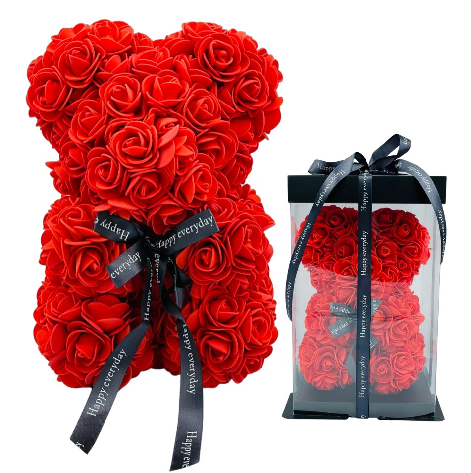 MIŚ Z KOKARDKĄ Z PIANKOWYCH RÓŻ W PREZENTOWYM PUDEŁKU ZE WSTĄŻKĄ 30 X 18 X 18 CM MIŚ 24 X 17 X 17 CM  KOLOR CZERWONY