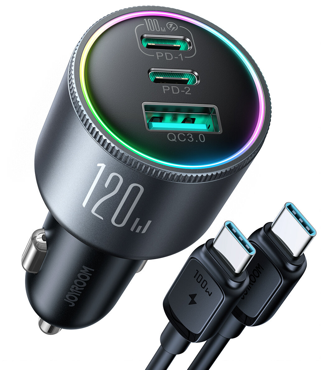 Joyroom ładowarka samochodowa 120W 2xUSB-C USB-A + kabel USB-C 100W