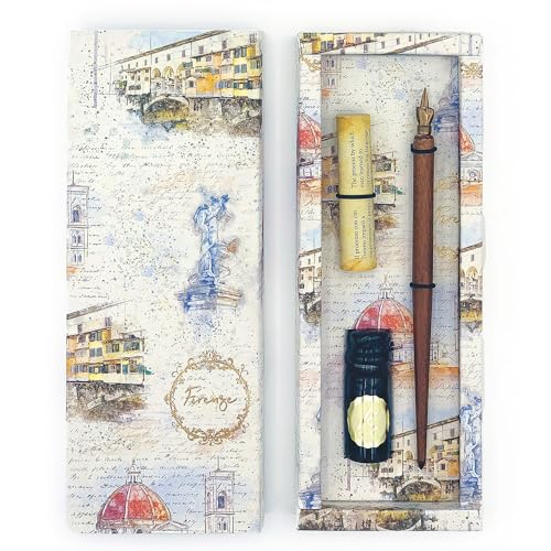 Zestaw stylograficzny długopis + tusz o pojemności 11 ml, pomysł na prezent, pudełko na prezent, zdobione złotym proszkiem, wyprodukowane we Włoszech. Fantazja: Florencja