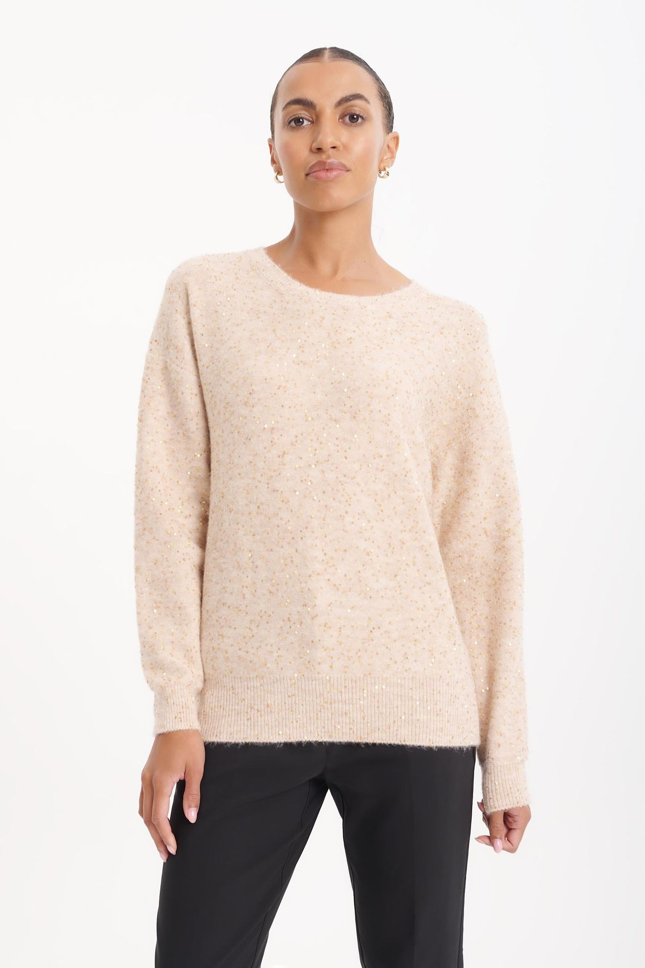 Beżowy sweter z cekinową aplikacją - Greenpoint