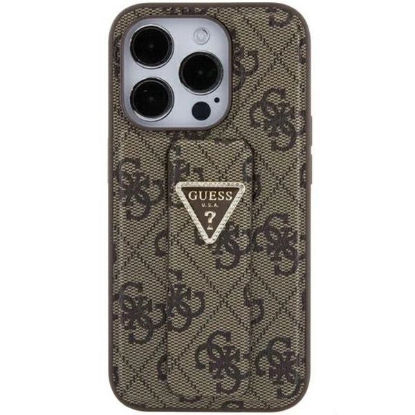 Etui Guess Grip Stand 4G Triangle Strass na iPhone 15 - brązowe