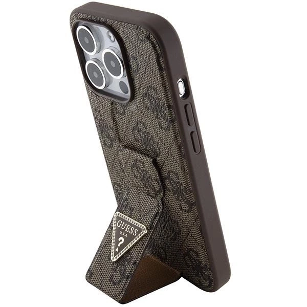 Etui Guess Grip Stand 4G Triangle Strass na iPhone 15 Pro Max - brązowe