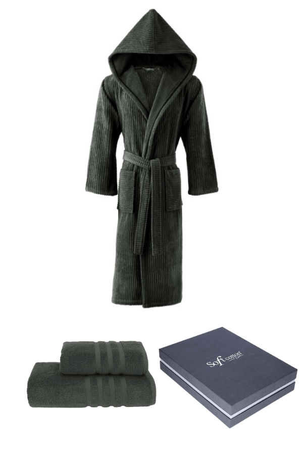 Unisex szlafrok STRIPE + ręczniki + pudełko Khaki XL + ręczniki + pudełko