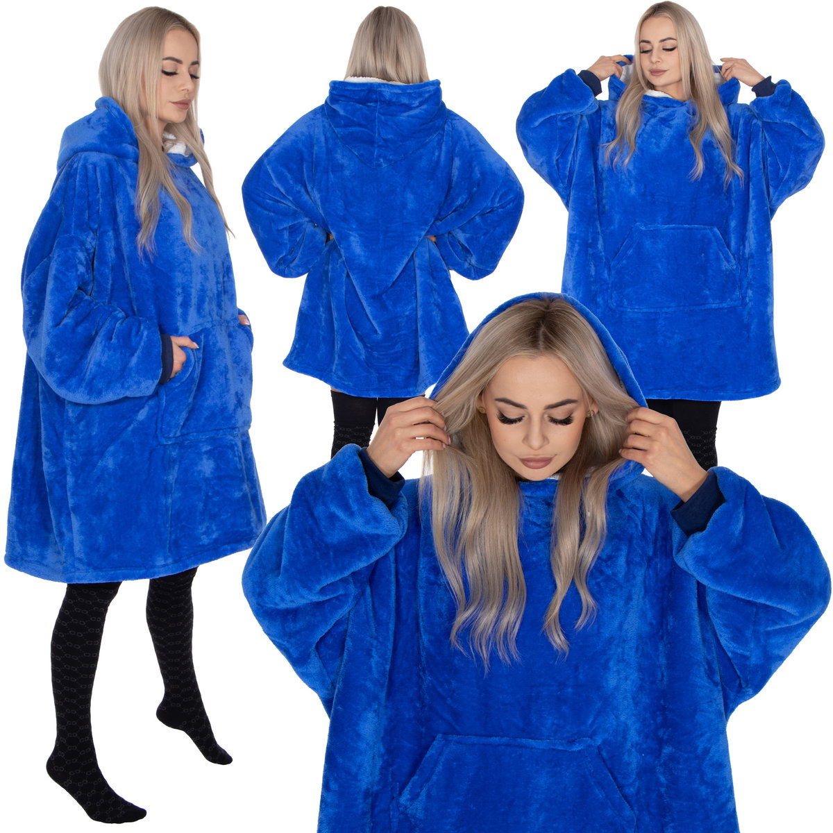 Kocobluza Damska Oversize Koc Bluza 2W1 Z Kapturem Ciepła Niebieska