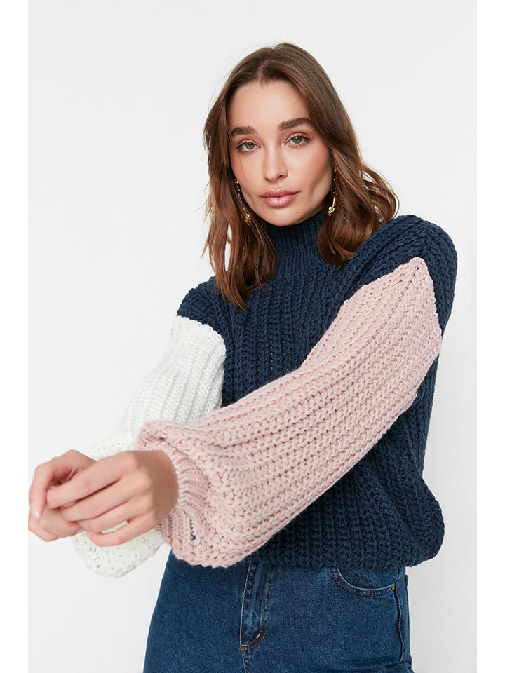 trendyol Sweter w kolorze granatowo-jasnoróżowo-białym