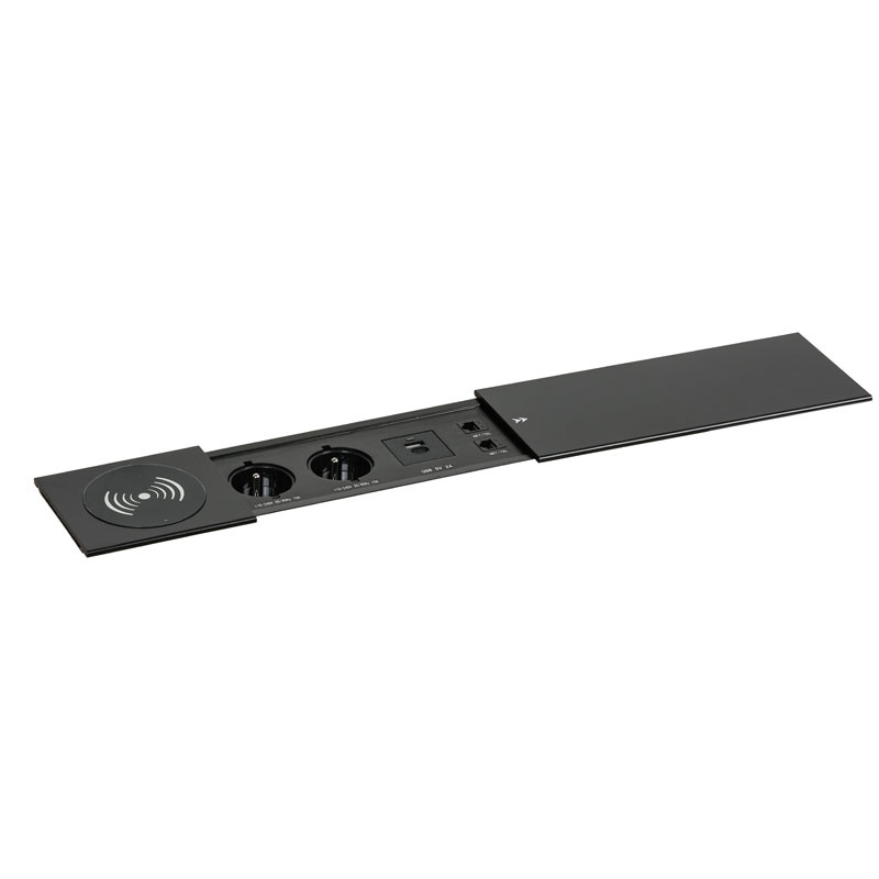 Puszka gniazdowa TYP V - pokrywa przesuwana, 2x gniazdo, porty ładowania USB A+C, 2x port RJ45, 1x ładowarka bezprzewodowa, czarna