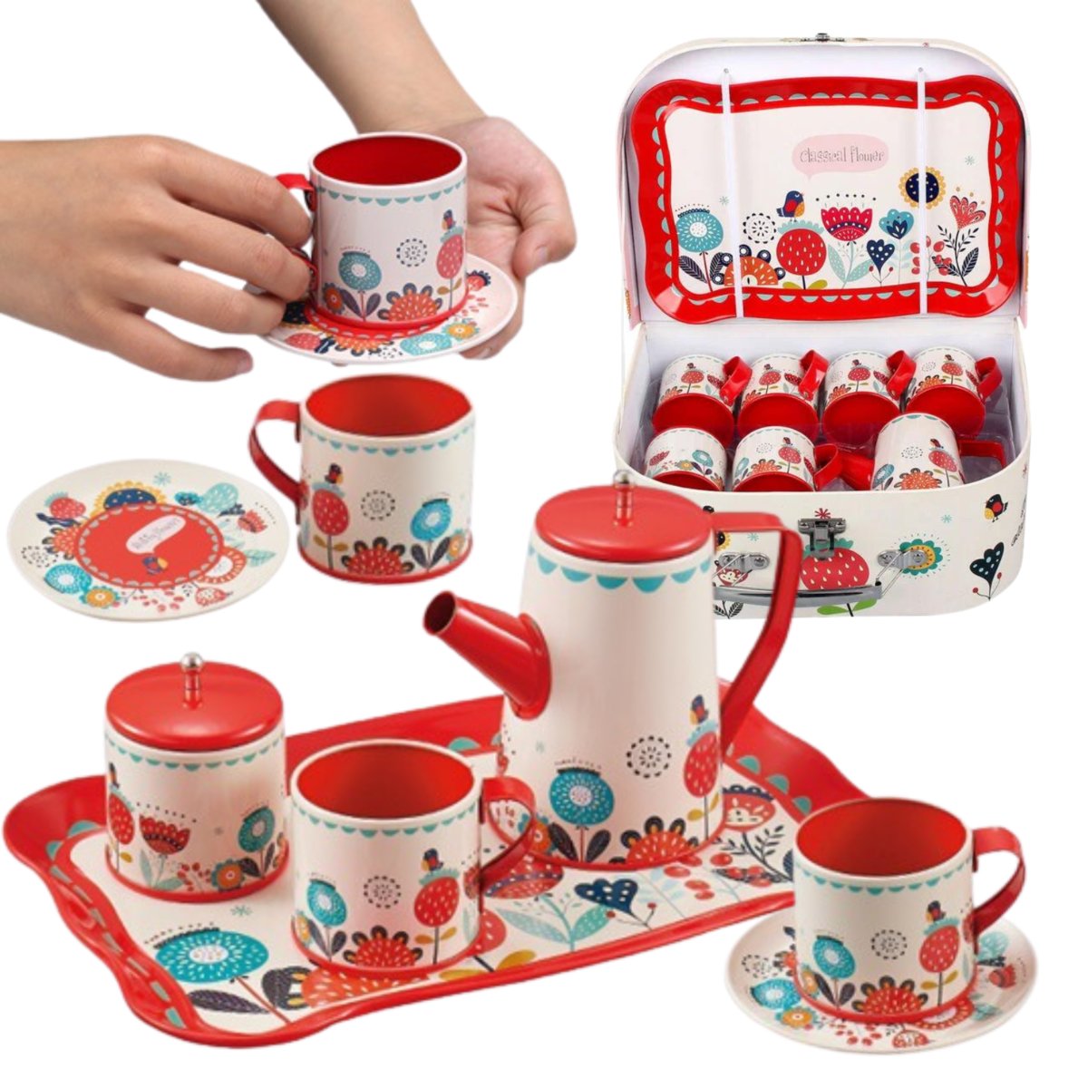 Zestaw Do Herbaty W Walizce Kwiaty Zestaw Kuchenny Dzbanek Tacka Talerzyki