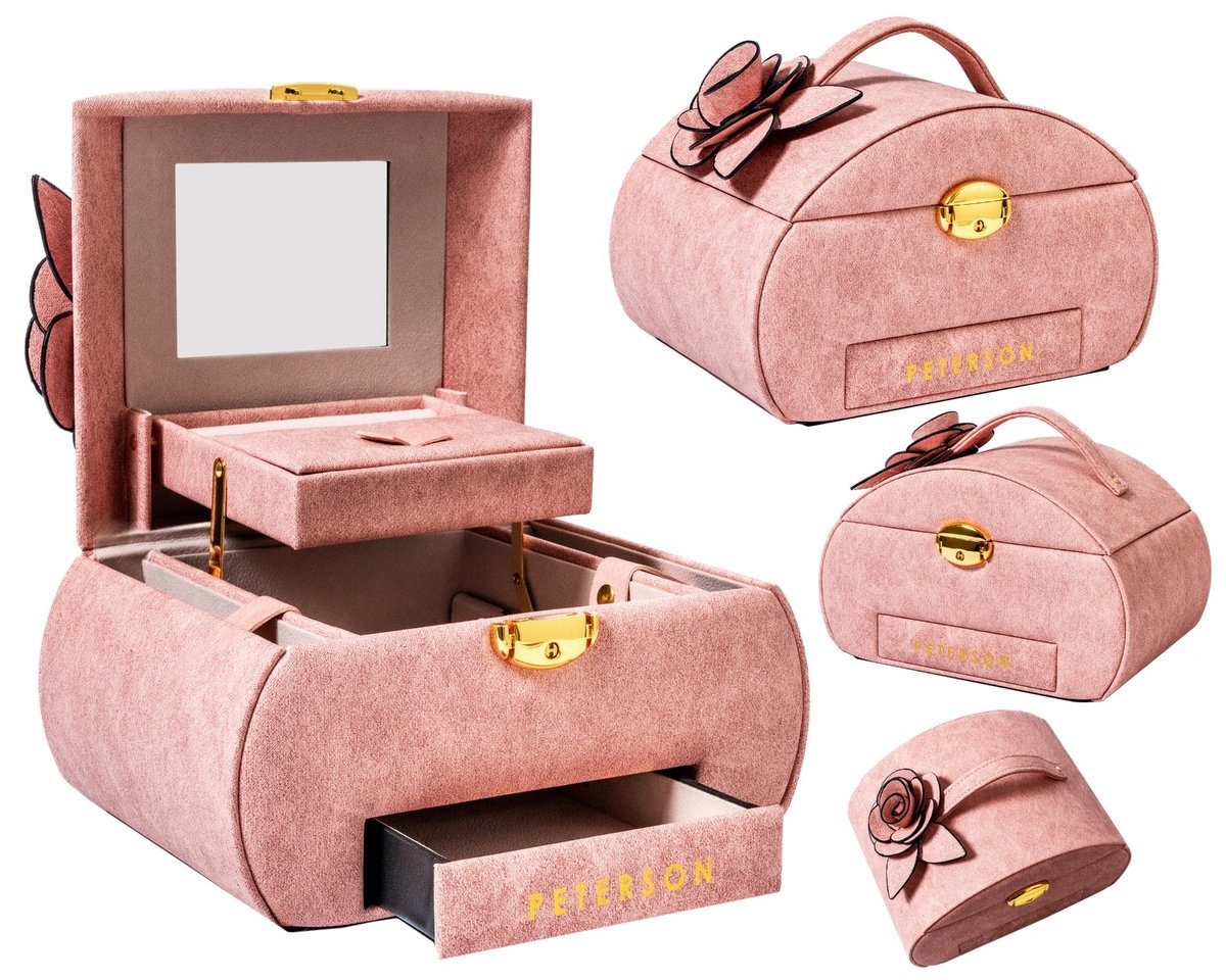 Elegancka szkatułka rozkładana kuferek na biżuterię z lusterkiem na kluczyk