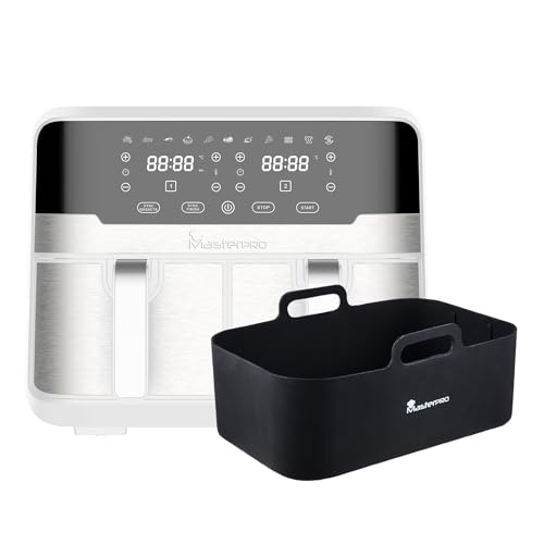 MasterPRO Rocket Duo 900 - Podwójna frytkownica bezolejowa - Biała - Pojemność 9 l i 2400 W - Ekran Dotykowy LED i Nieprzywierający kosz + Prostokątna taca do pieczenia Silikon 12.7X19.5X7+2CM