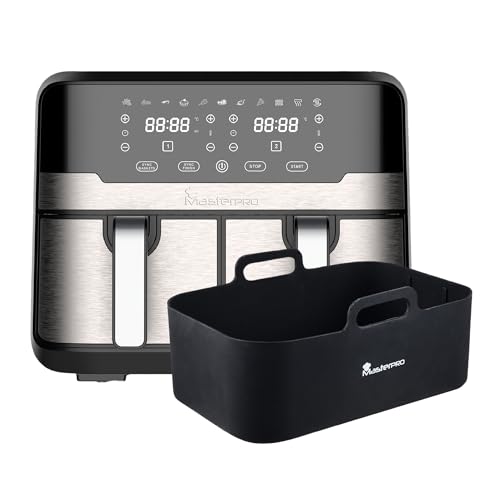 MasterPRO Rocket Duo 900 - Podwójna frytkownica bezolejowa - Kolor Czarny - Pojemność 9 l i 2400 W - Ekran Dotykowy LED i Nieprzywierający kosz + Prostokątna taca do pieczenia Silikon 12.7X19.5X7+2CM