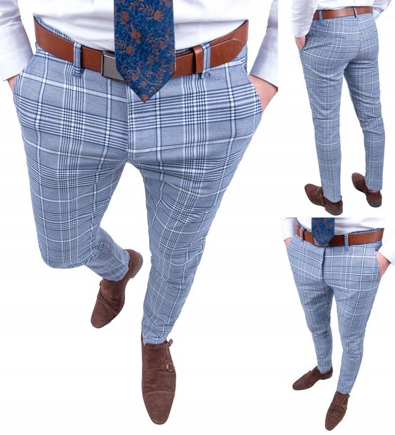 Spodnie męskie eleganckie niebieskie w krate - 36