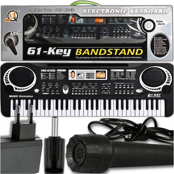 Keyboard Organy Pianino do Nauki + Mikrofon 61 Klawiszy dla Dzieci Zasilacz