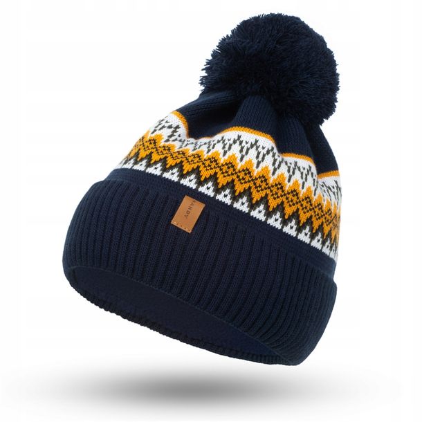NANDY Czapka Męska z Pomponem Ocieplana Polarem Ciepła Wzór Zimowa Norweska