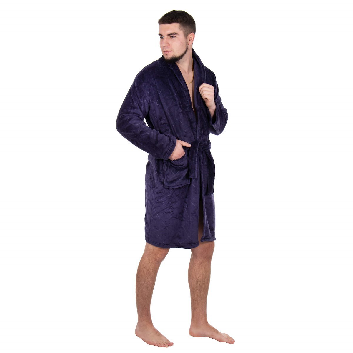 Szlafrok męski z paskiem rozm. M/L polarowy granatowy