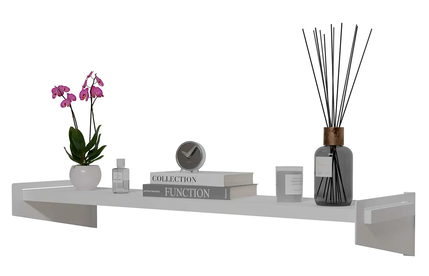 Biała półka ścienna z metalowymi wspornikami E0-W05