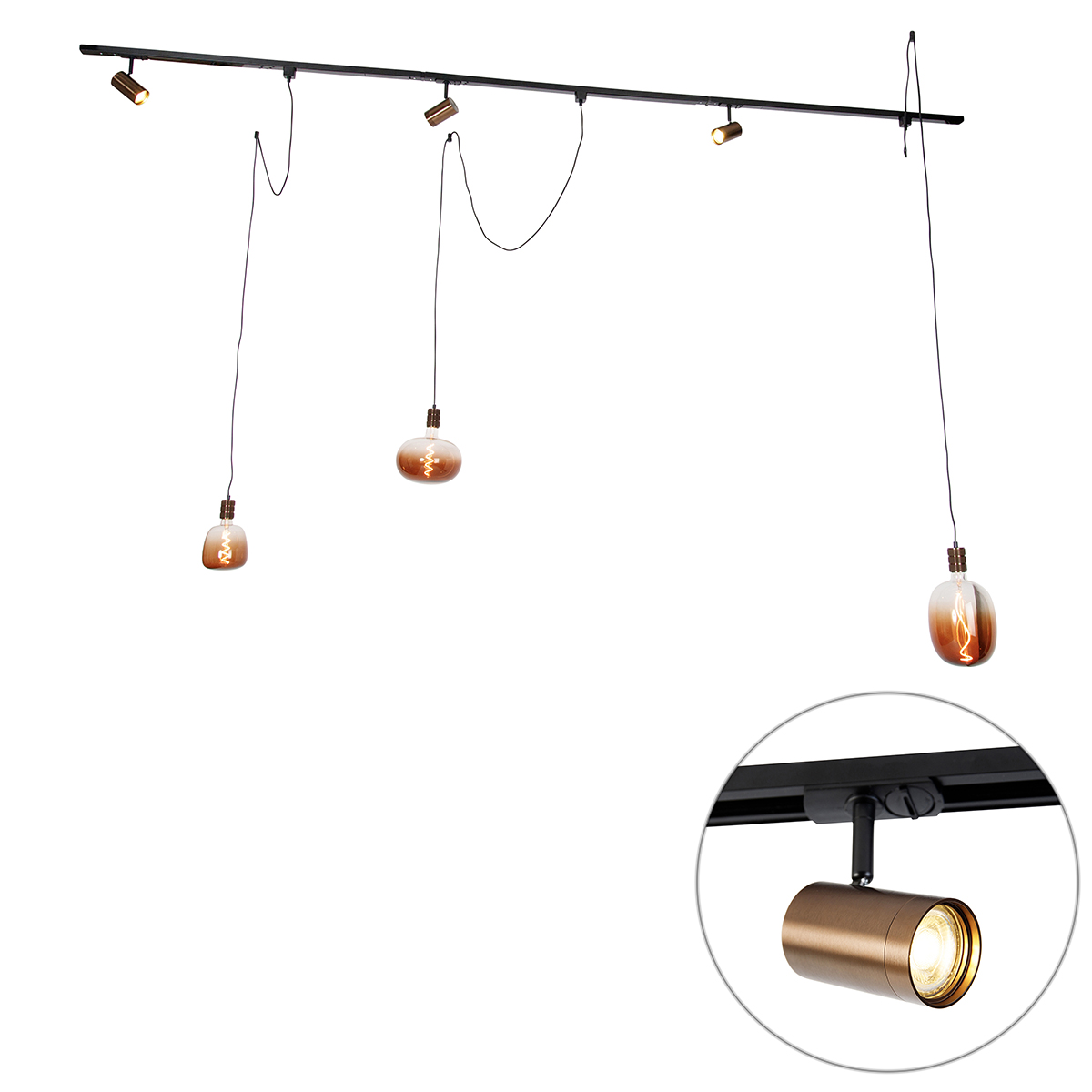QAZQA 1-fazowy system szynowy z 3 reflektorami i lampami wiszącymi w kolorze ciemnego brązu - Cavalux Jeana