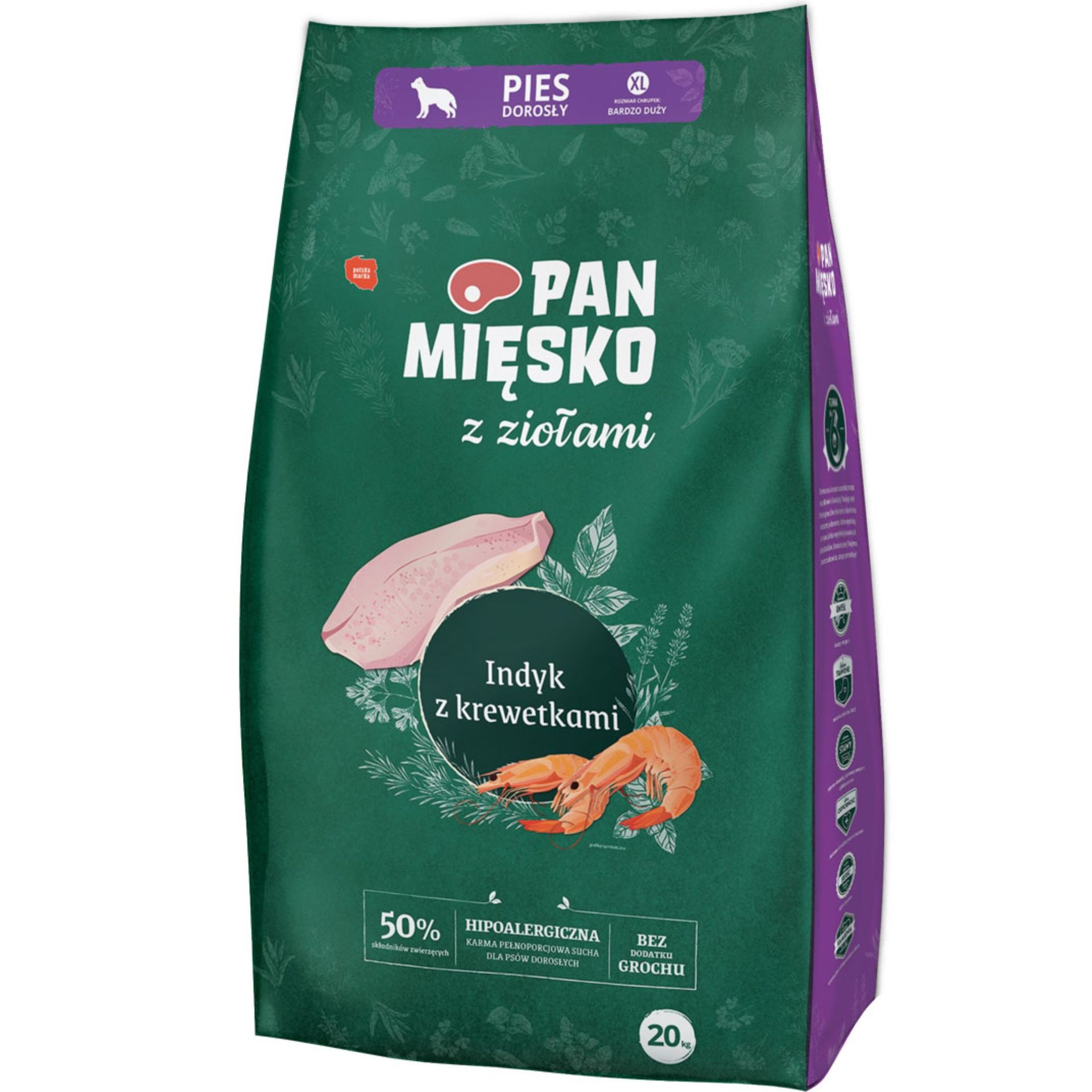 PAN MIĘSKO z ZIOŁAMI Karma sucha dla dorosłych PSÓW indyk krewetki XL 20 KG