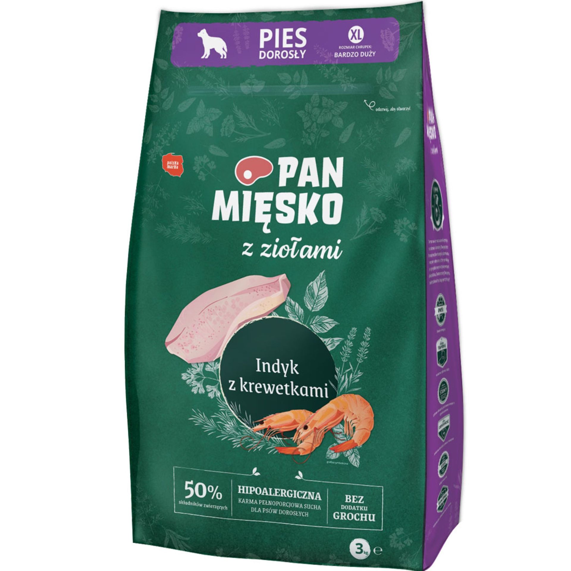 PAN MIĘSKO z ZIOŁAMI Karma sucha dla dorosłych PSÓW indyk krewetki XL 3KG