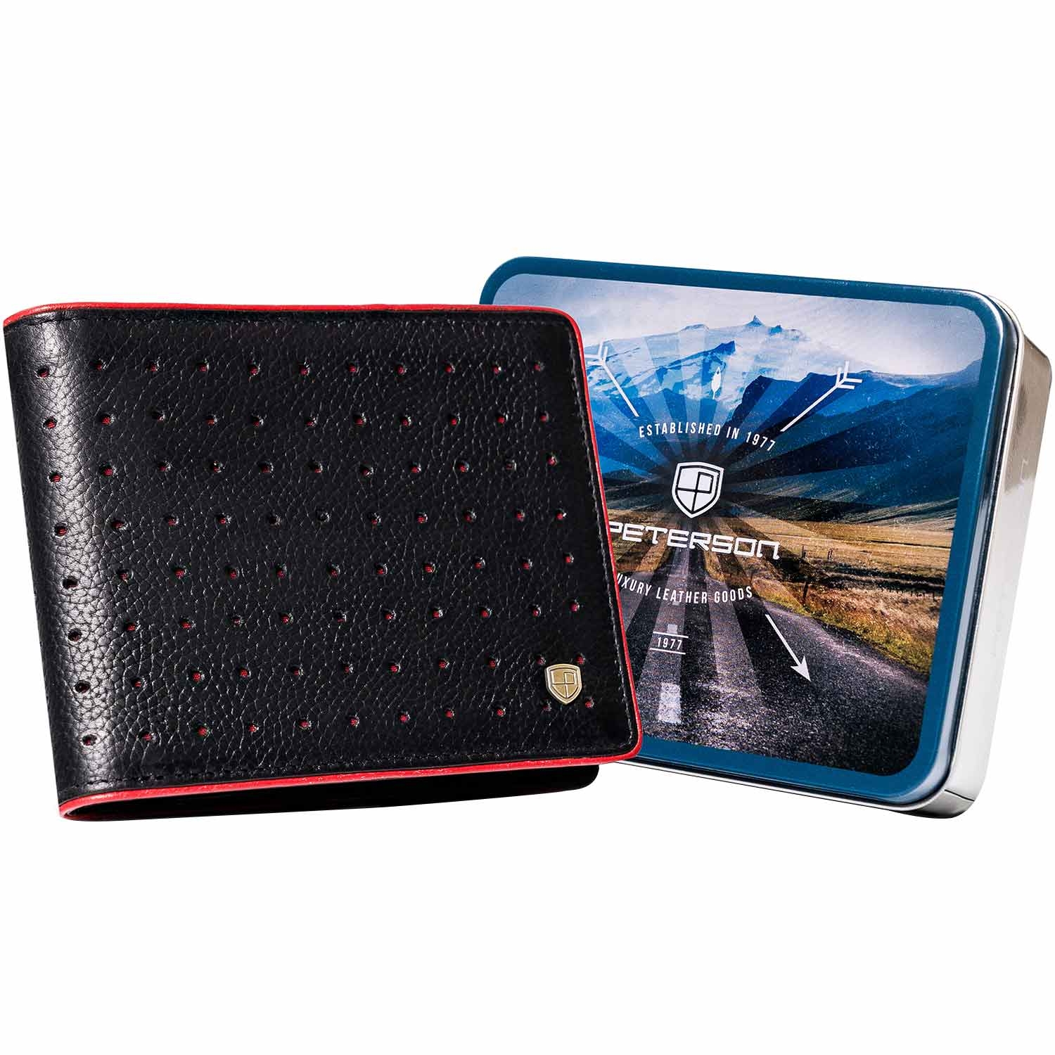 Czarny, ażurowy portfel męski Peterson, czerwony rant, 9,5 x 12 x 2 cm