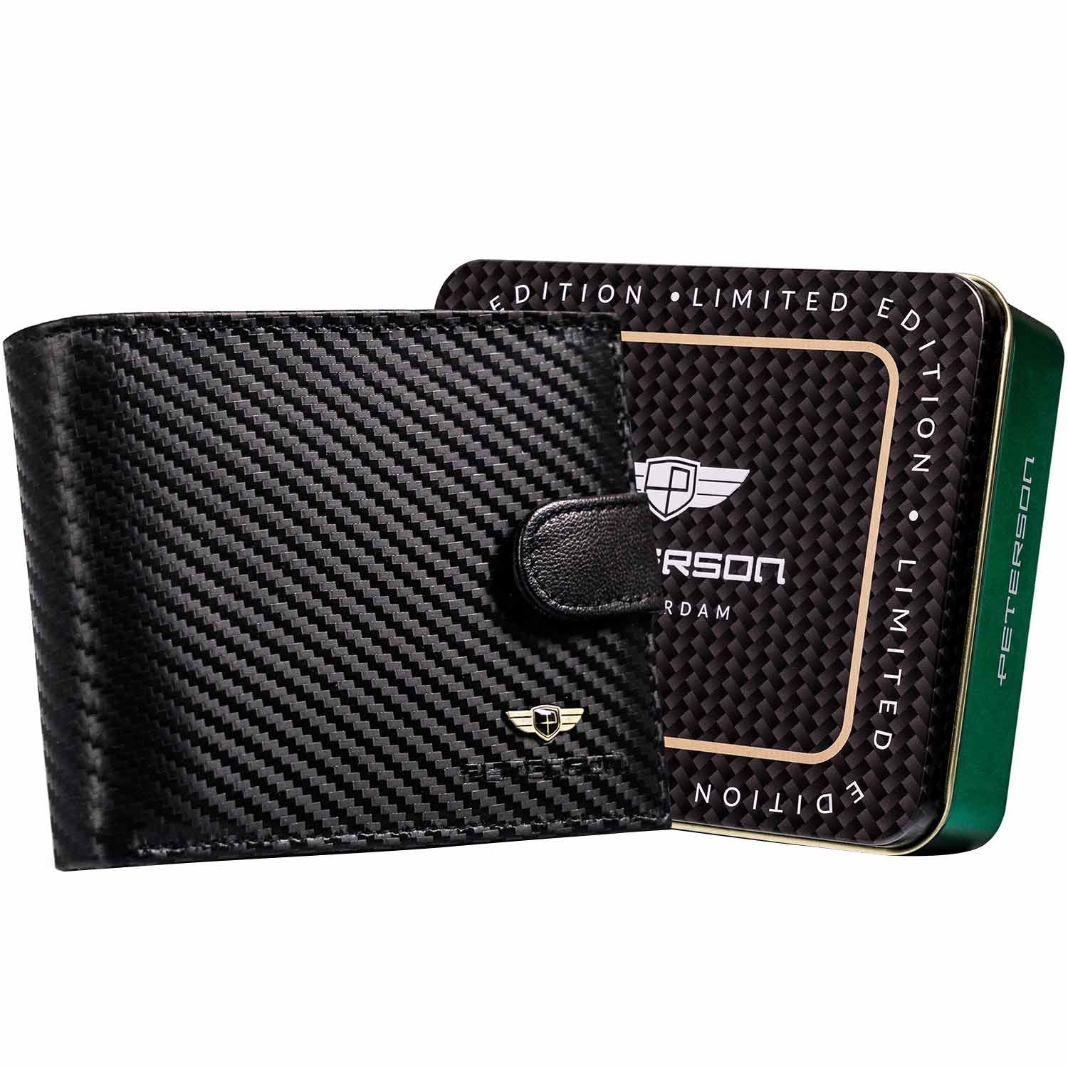 Czarny skórzany portfel męski Carbon Peterson, 9,5 x 12 x 3 cm