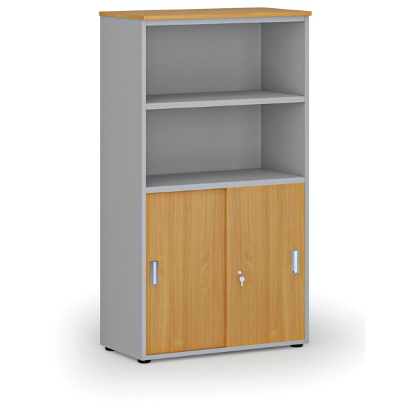 Szafa biurowa kombinowana PRIMO GRAY, drzwi przesuwne na 2 poziomach, 1434 x 800 x 420 mm, szary/buk