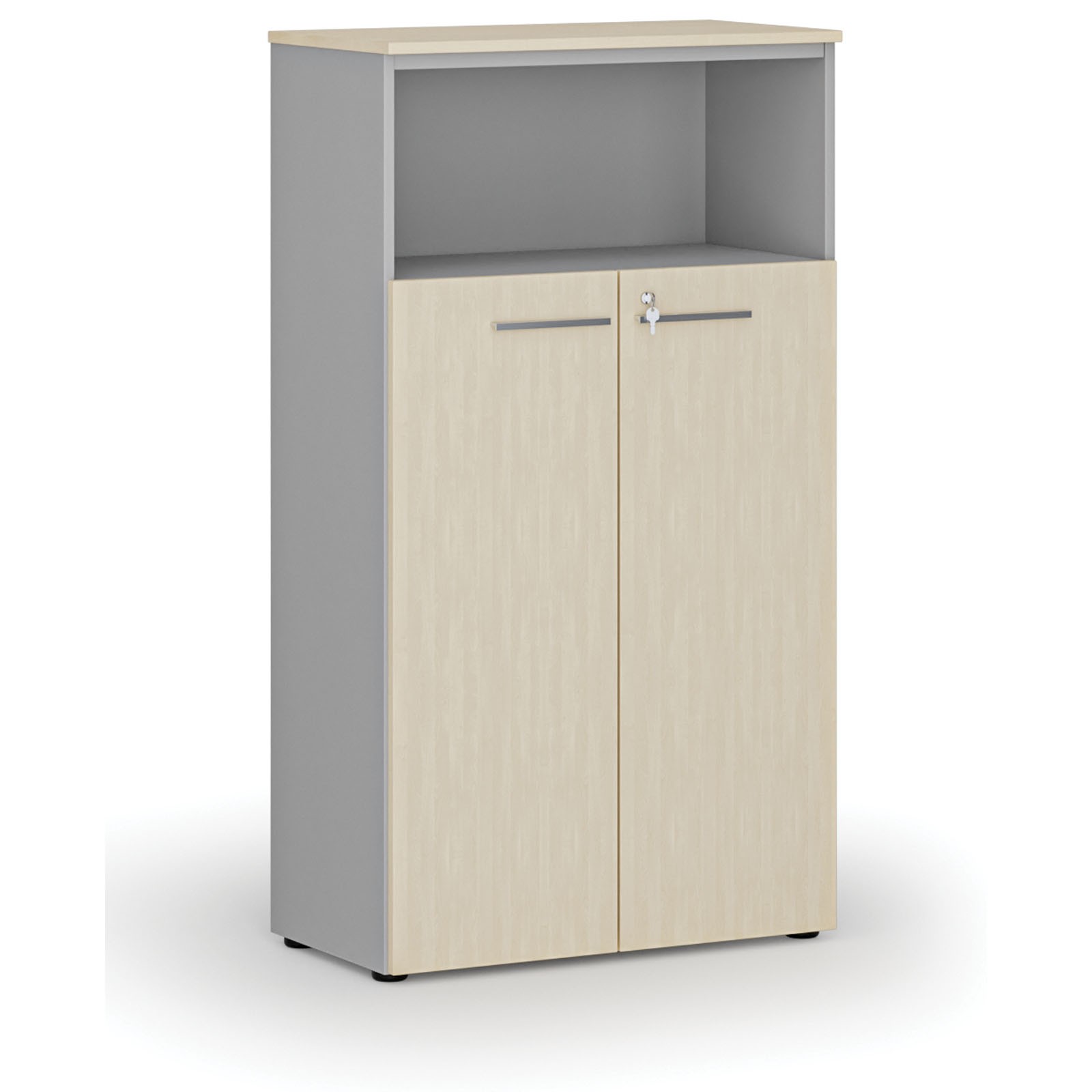Szafa biurowa kombinowana PRIMO GRAY, drzwi na 3 poziomach, 1434 x 800 x 420 mm, szary/brzoza