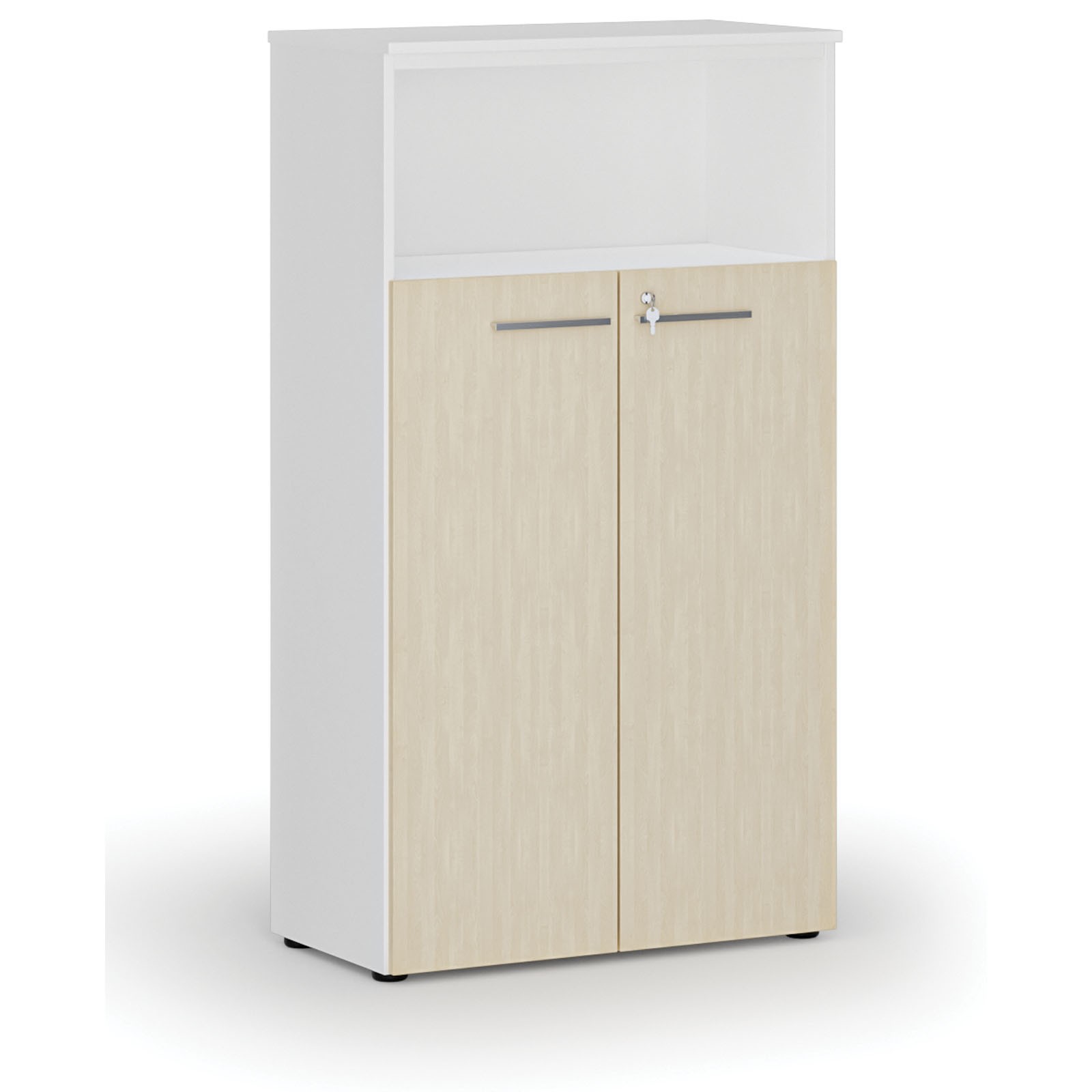 Szafa biurowa kombinowana PRIMO WHITE, drzwi na 3 poziomach, 1434 x 800 x 420 mm, biały/brzoza