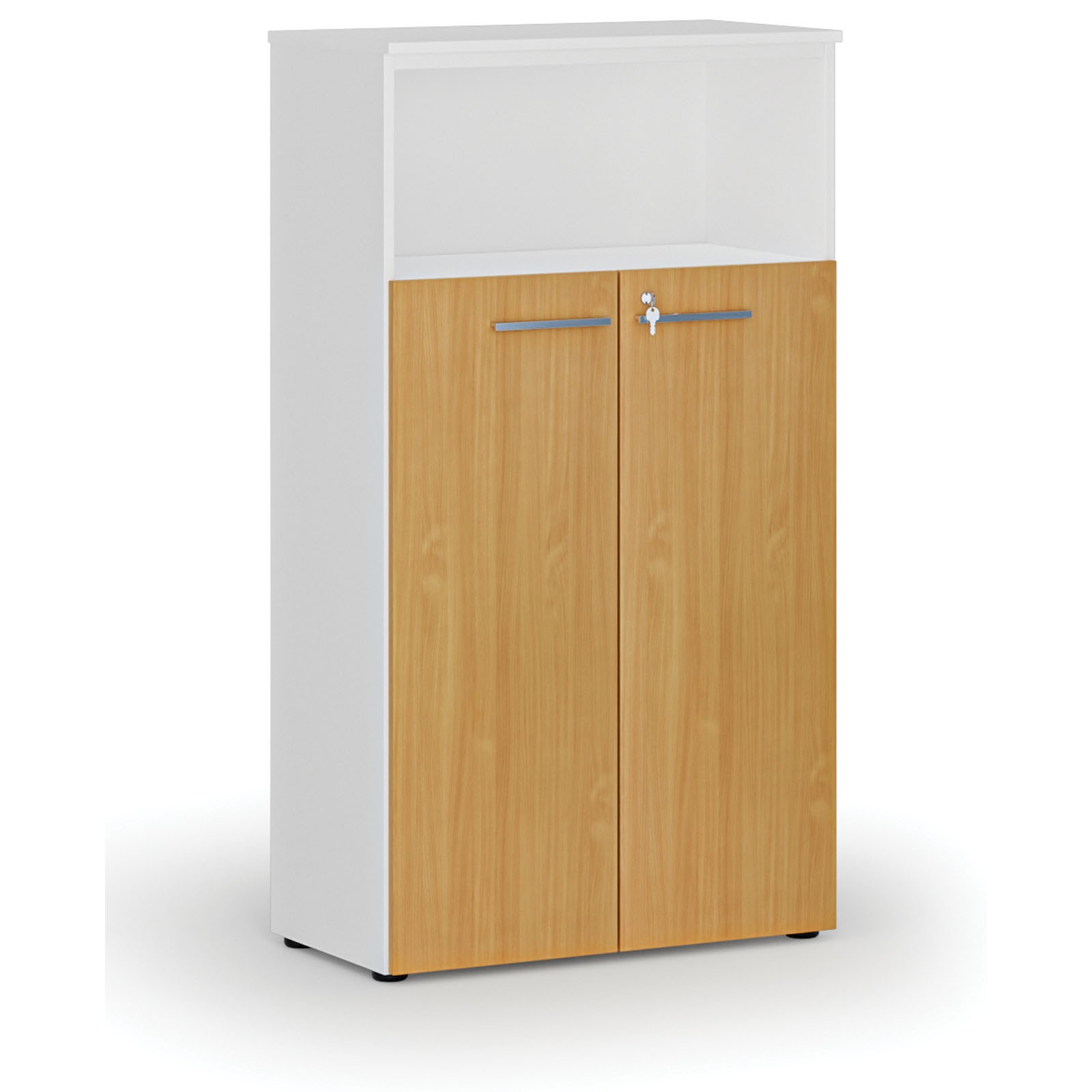 Szafa biurowa kombinowana PRIMO WHITE, drzwi na 3 poziomach, 1434 x 800 x 420 mm, biały/buk