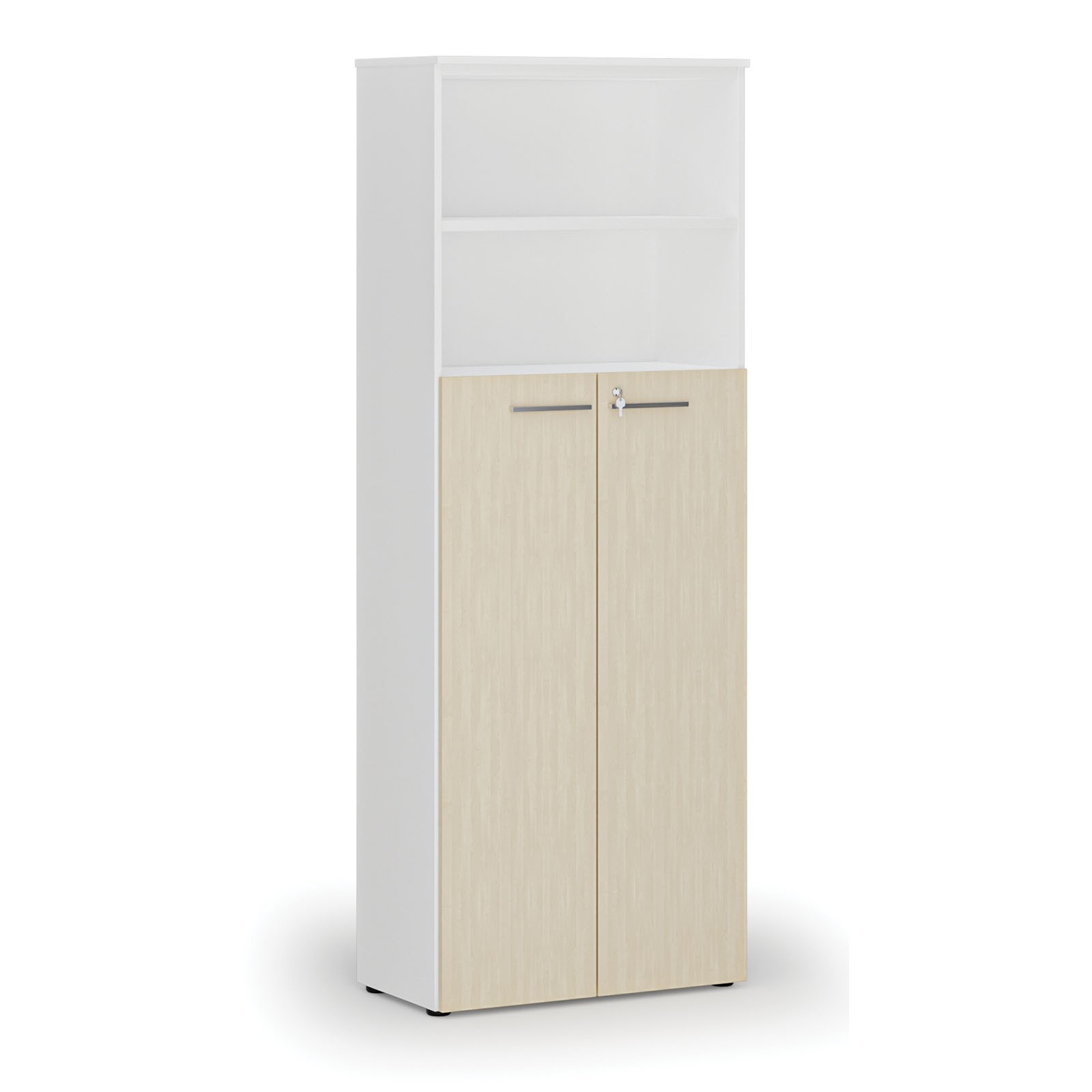 Szafa biurowa kombinowana PRIMO WHITE, drzwi na 4 poziomach, 2128 x 800 x 420 mm, biały/brzoza