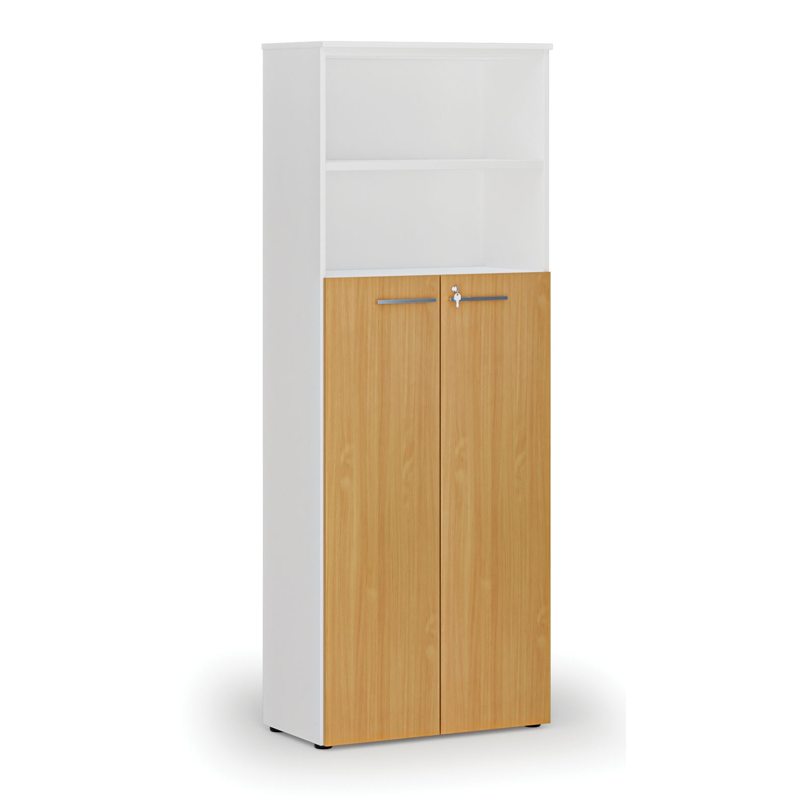 Szafa biurowa kombinowana PRIMA WHITE, drzwi na 4 poziomach, 2128 x 800 x 420 mm, biały/buk