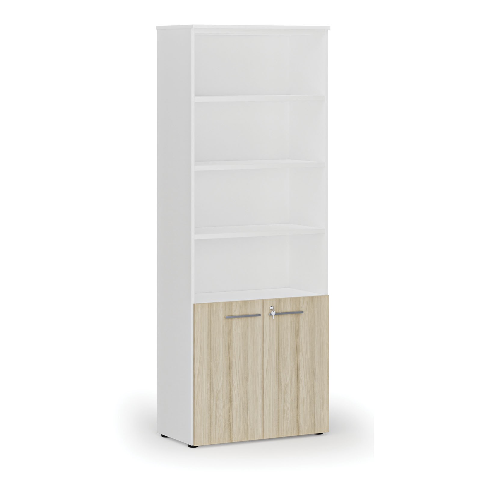 Szafa biurowa kombinowana PRIMA WHITE, drzwi na 2 poziomach, 2128 x 800 x 420 mm, biały/dąb naturalny