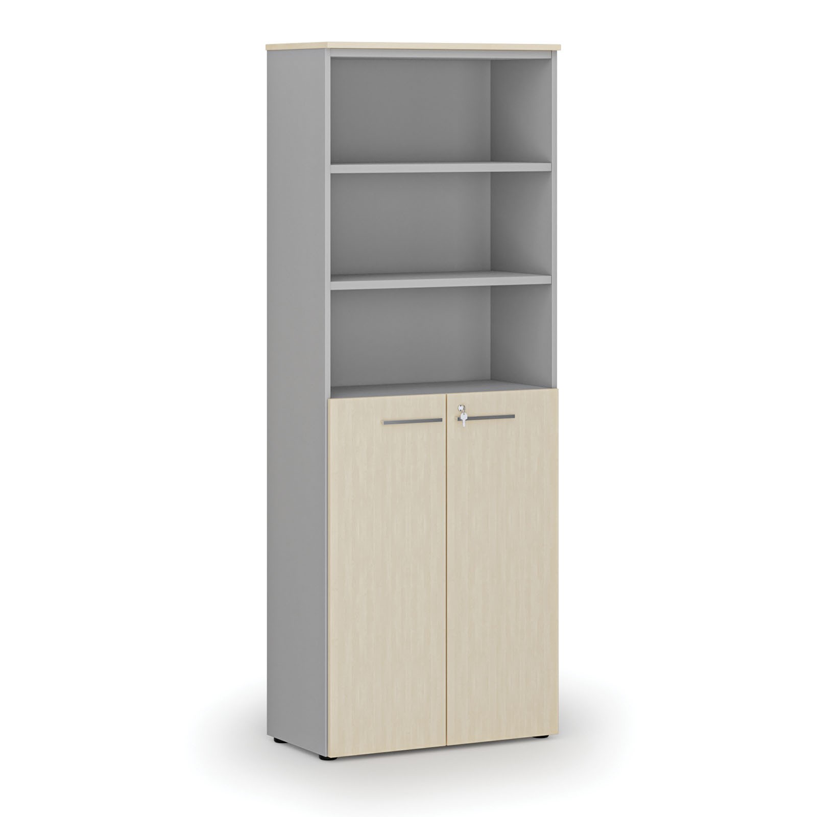 Szafa biurowa kombinowana PRIMA GRAY, drzwi na 3 poziomach, 2128 x 800 x 420 mm, szary/brzoza