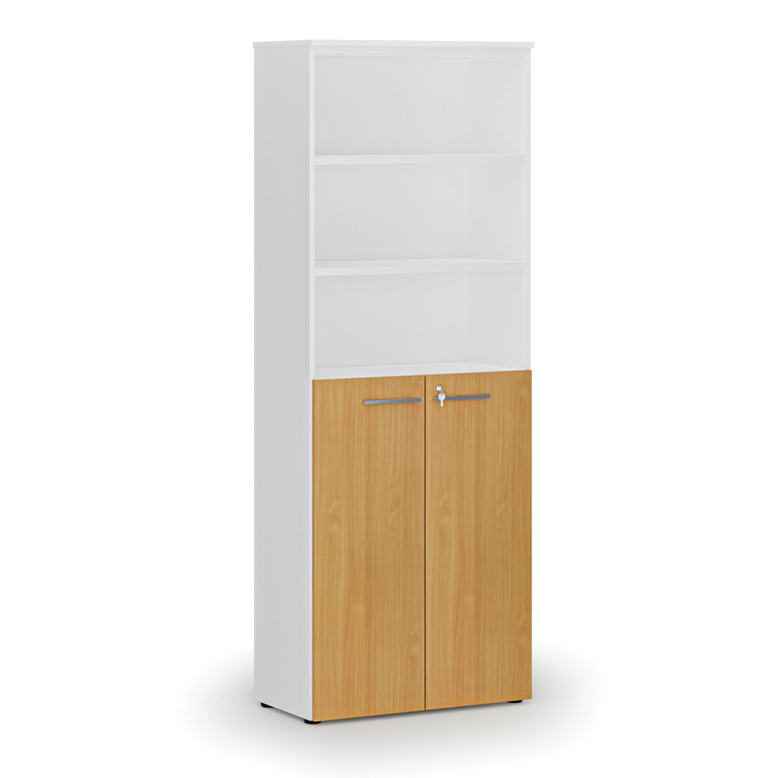 Szafa biurowa kombinowana PRIMA WHITE, drzwi na 3 poziomach, 2128 x 800 x 420 mm, biały/buk