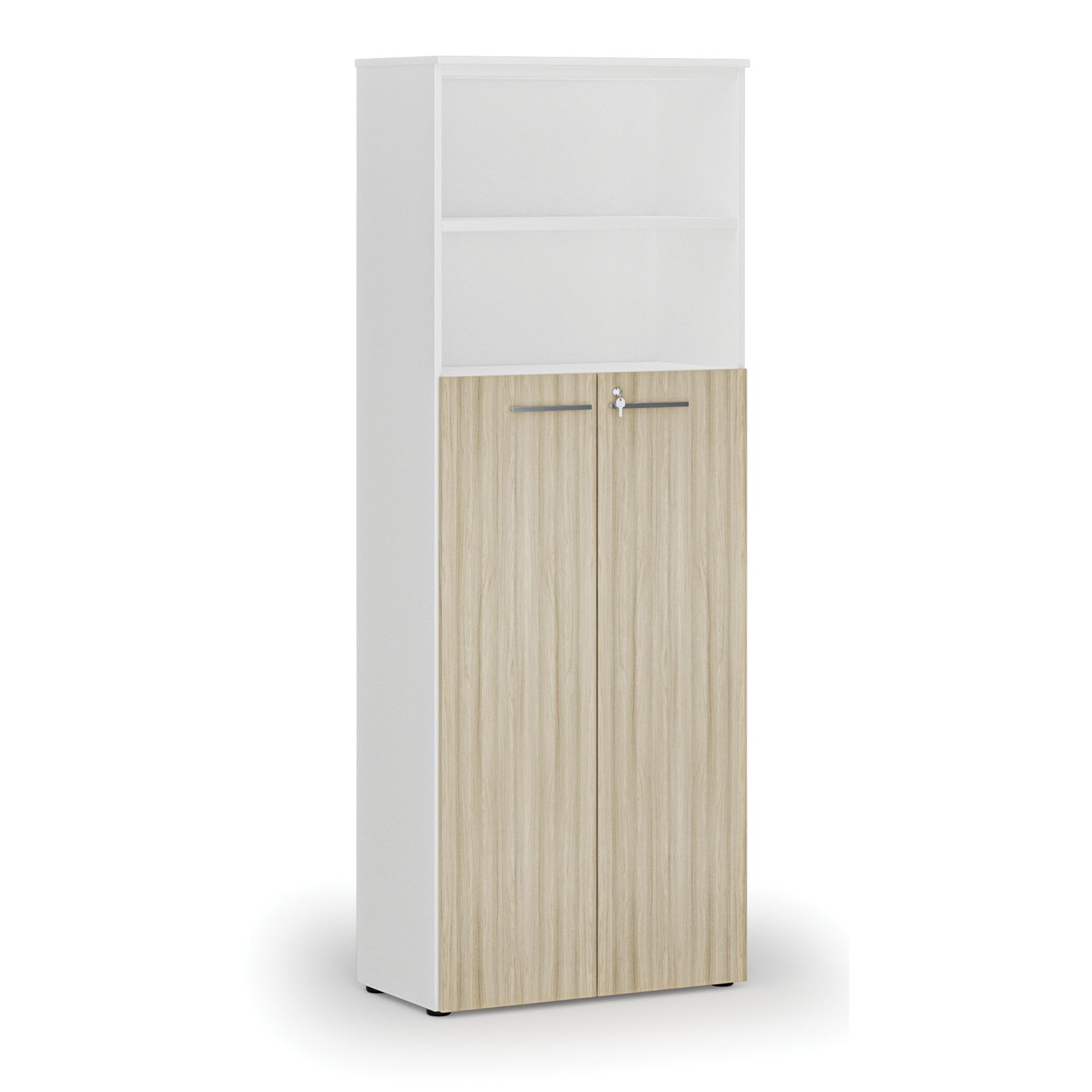 Szafa biurowa kombinowana PRIMA WHITE, drzwi na 4 poziomach, 2128 x 800 x 420 mm, biały/dąb naturalny