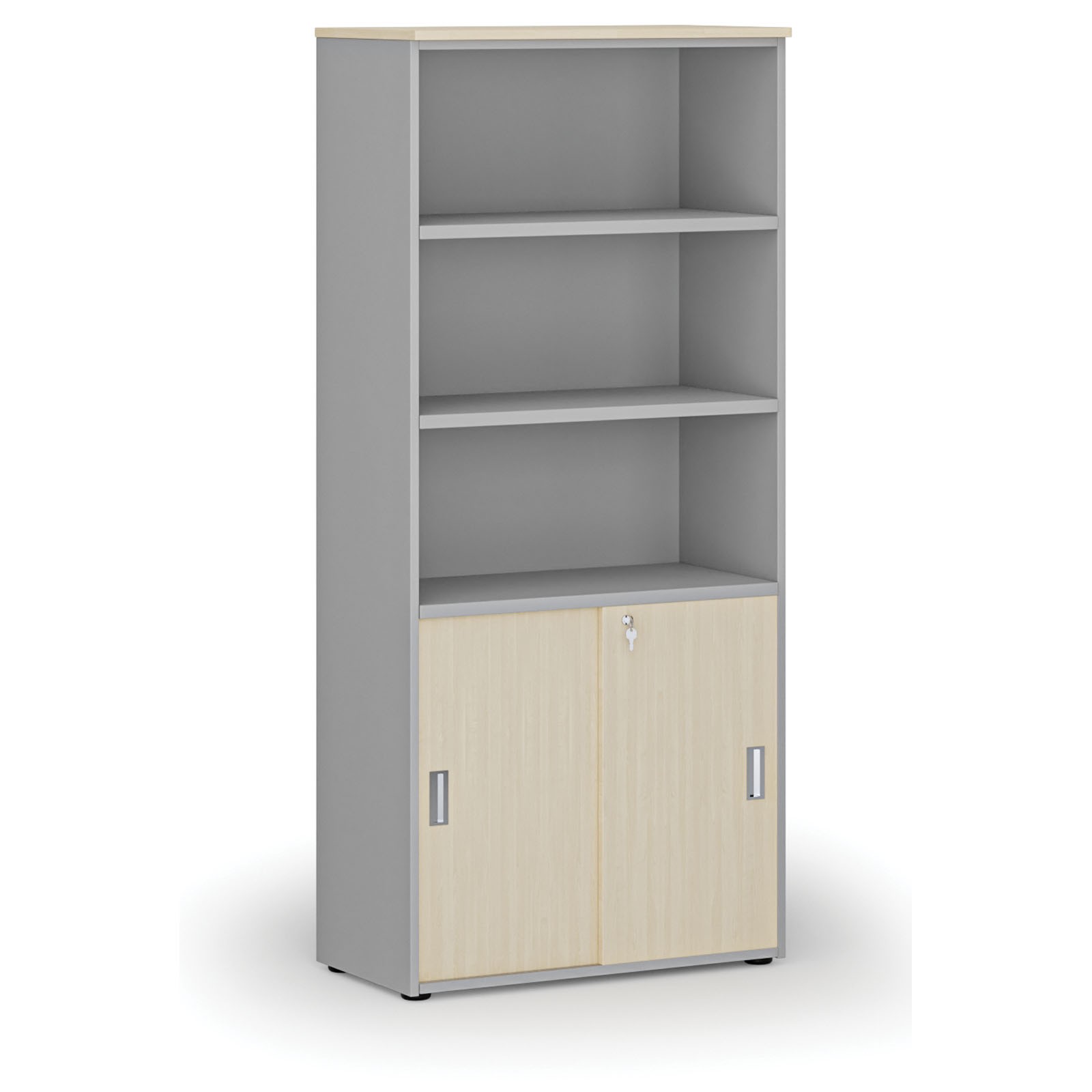 Szafa biurowa kombinowana PRIMO GRAY, drzwi przesuwne na 2 poziomach, 1781 x 800 x 420 mm, szary/brzoza