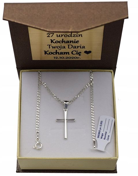 Łańcuszek Srebrny Pancerka Pełny Diamentowany Krzyżyk pr 925 Grawer Gratis