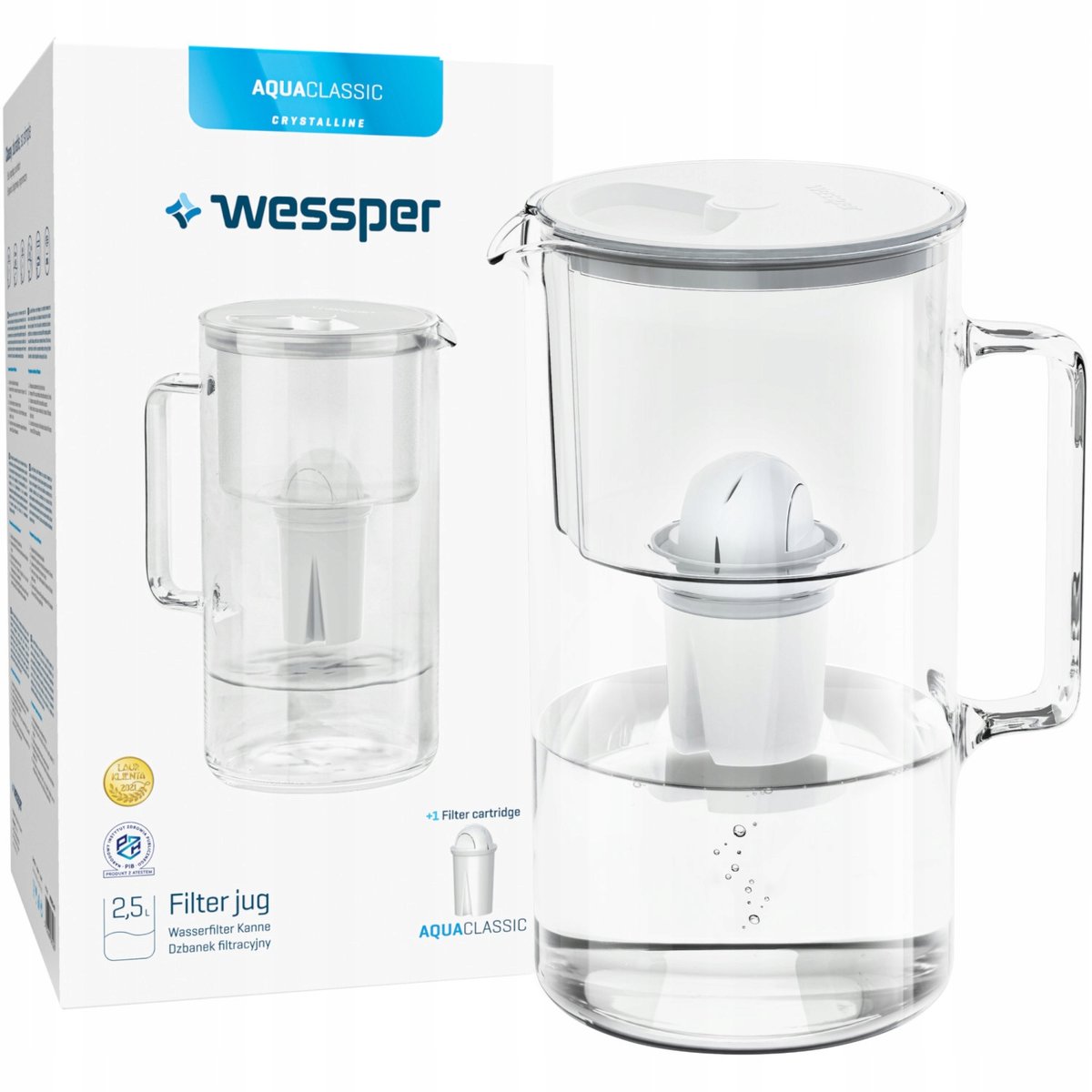 Dzbanek filtrujący szklany Wessper 3,3l Biały + 1x Filtr AquaClassic