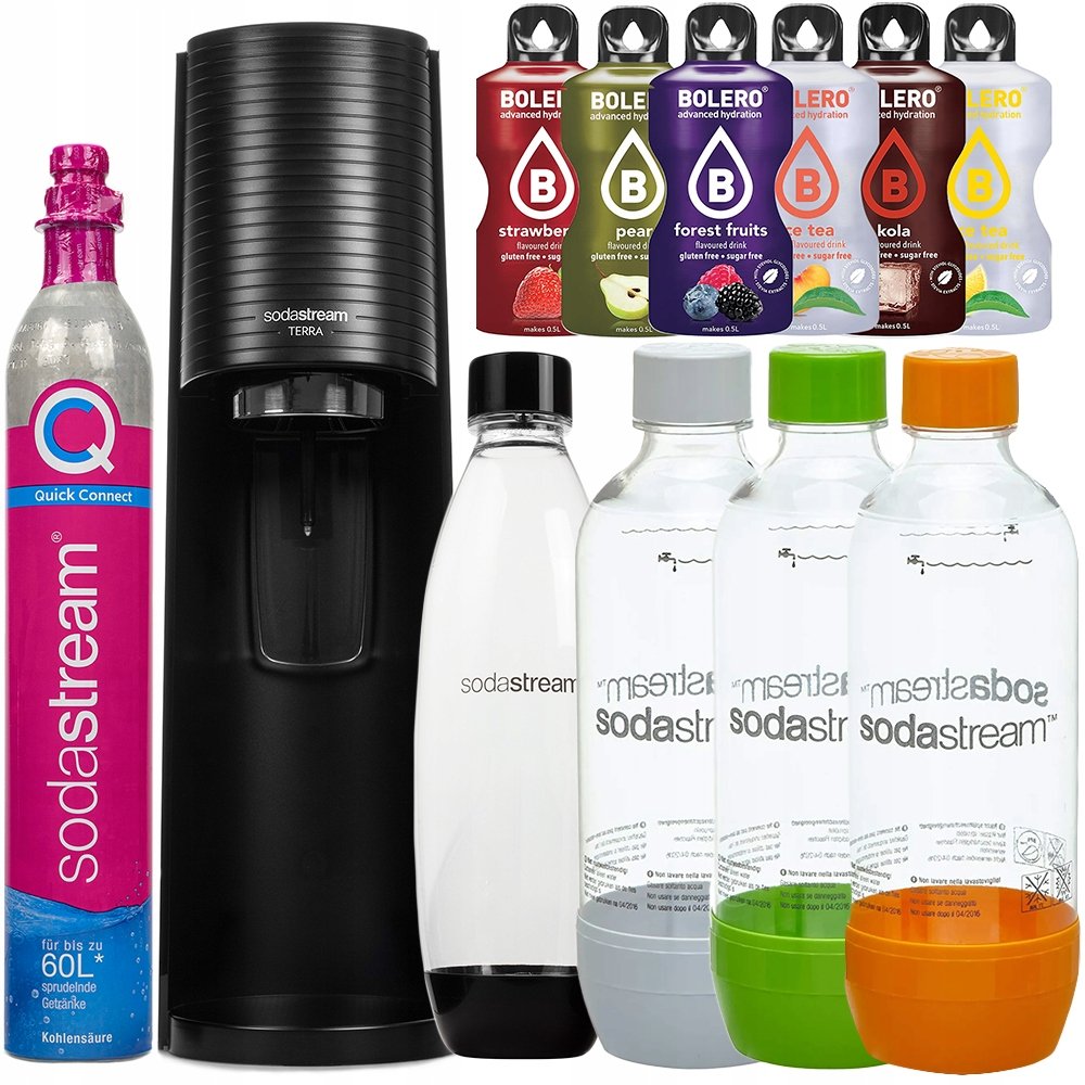 Saturator Sodastream Terra Black 1 butelka + 3 butelki PET kolorowe + bolero