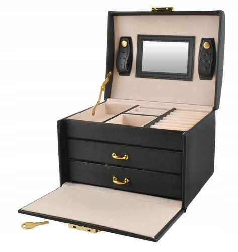Szkatułka Kuferek Na Biżuterię Pudełko Organizer Czarna Elegancka Z Lusterkiem
