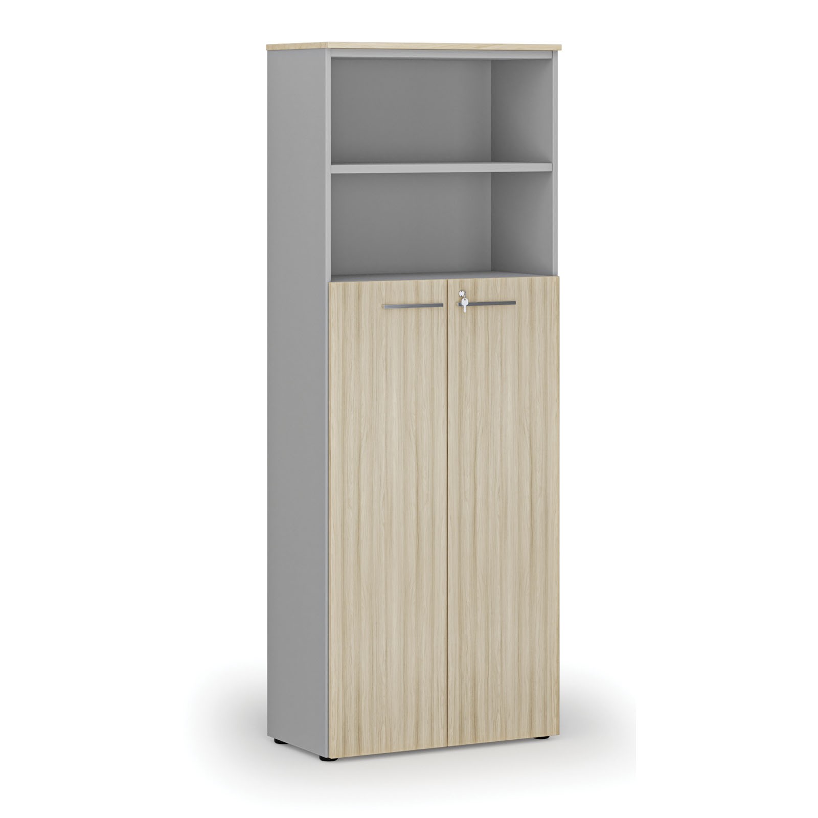 Szafa biurowa kombinowana PRIMO GRAY, drzwi na 4 poziomach, 2128 x 800 x 420 mm, szary/dąb naturalny