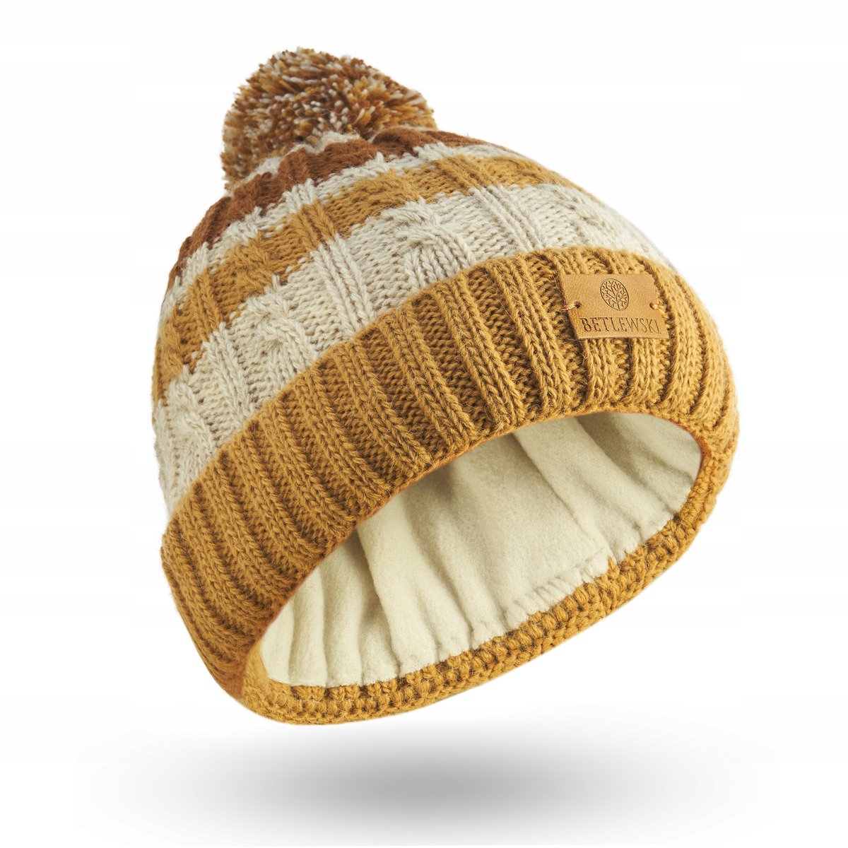Betlewski Beżowa czapka dla dzieci ciepła podszyta polarem beanie pompon
