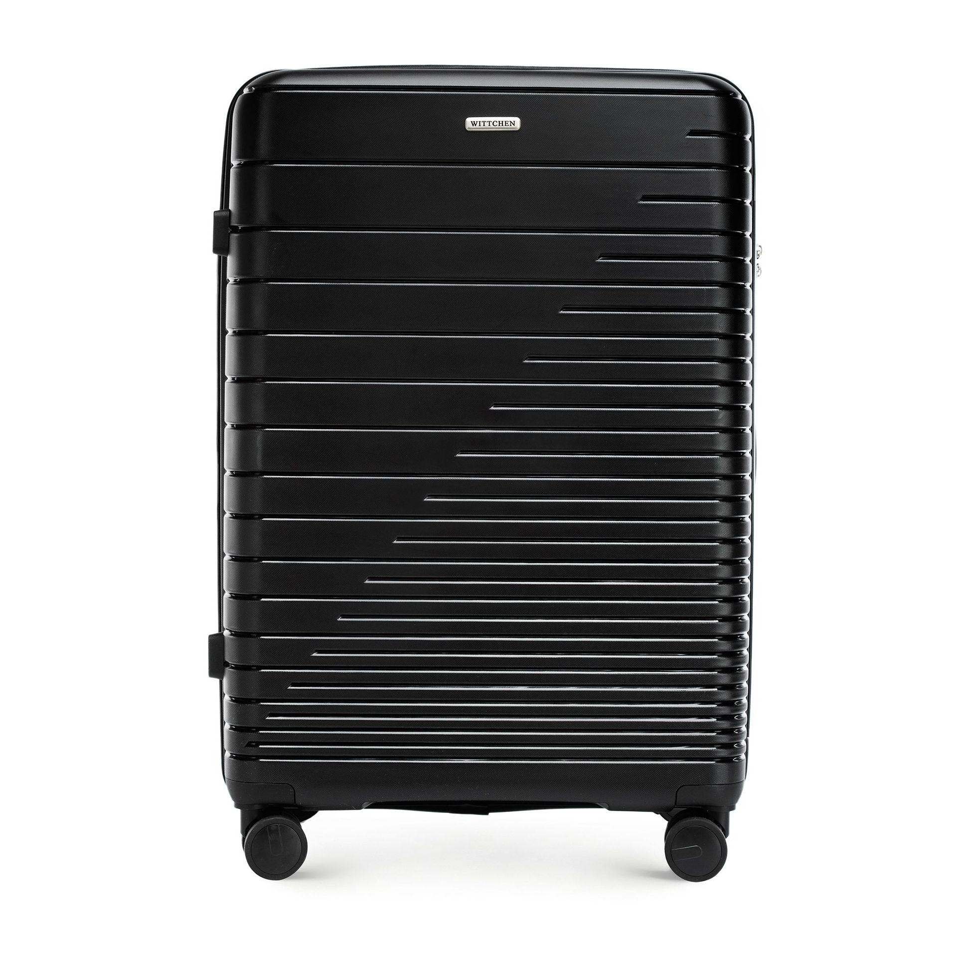 Duża walizka z polipropylenu z błyszczącymi paskami