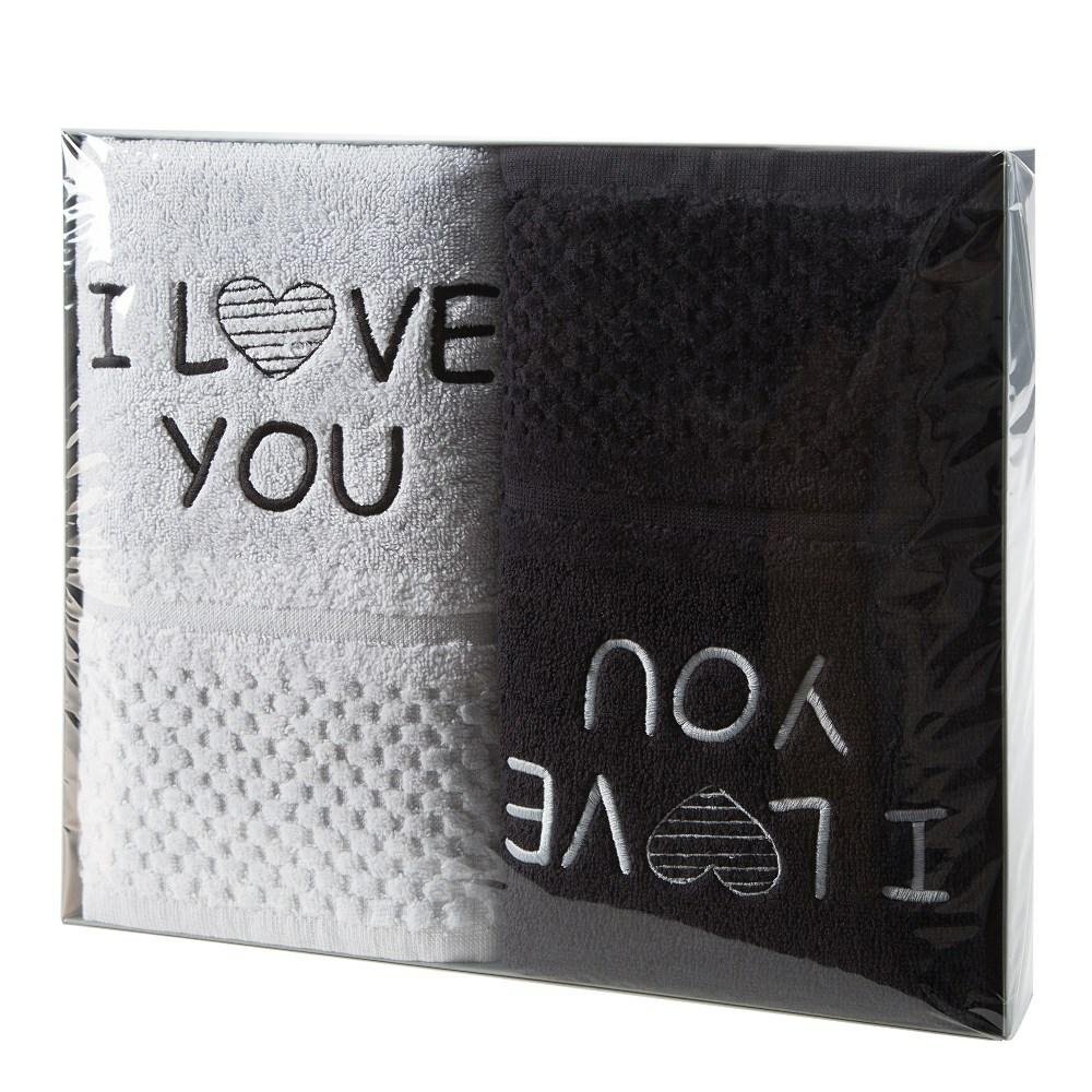 Komplet ręczników 2 cz. 2x50x90 I love you srebrny czarny 550 g/m2 frotte zestaw upominkowy 23