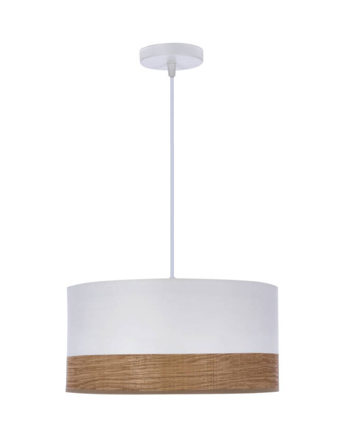 Lampa wisząca Porto z abażurem, boho, biała, dębowa