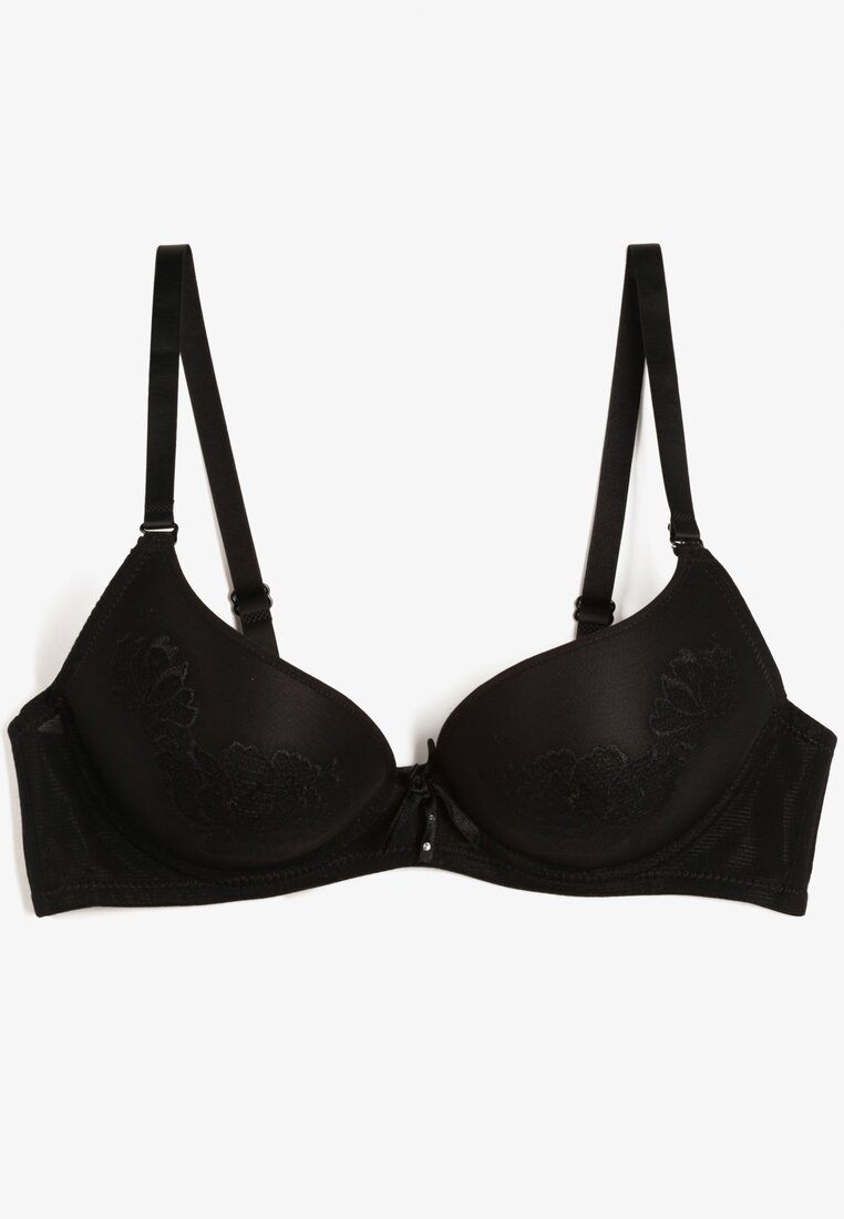 Czarny Biustonosz Push Up Ozdobiony Kwiatowym Wzorem i Kokardką Amaril