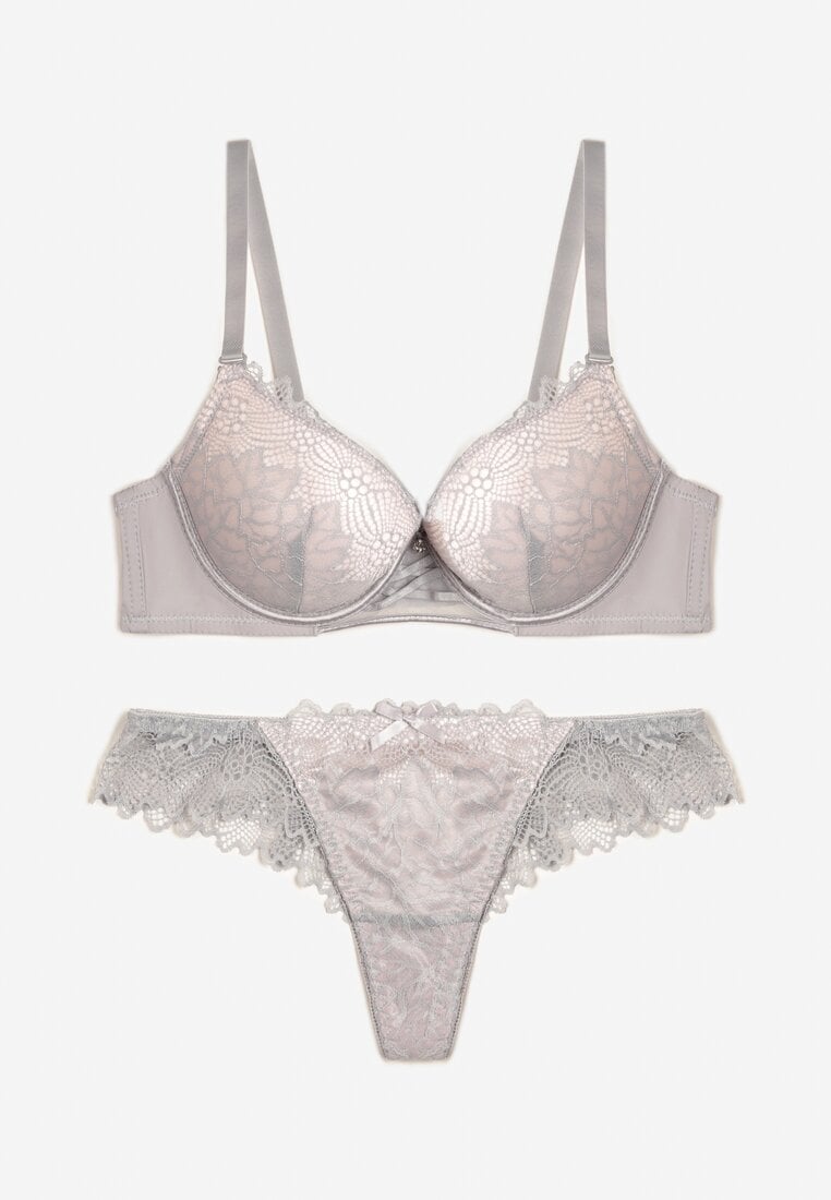 Szaro-Różowy Komplet Biustonosz Push Up i Majtki Ozdobione Romantyczną Koronką Zeril