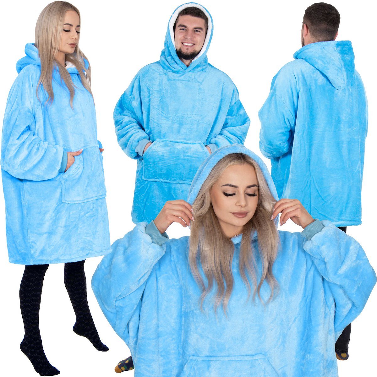Kocobluza damska męska 2w1 koc i bluza z kapturem XXL ciepła morski niebieski
