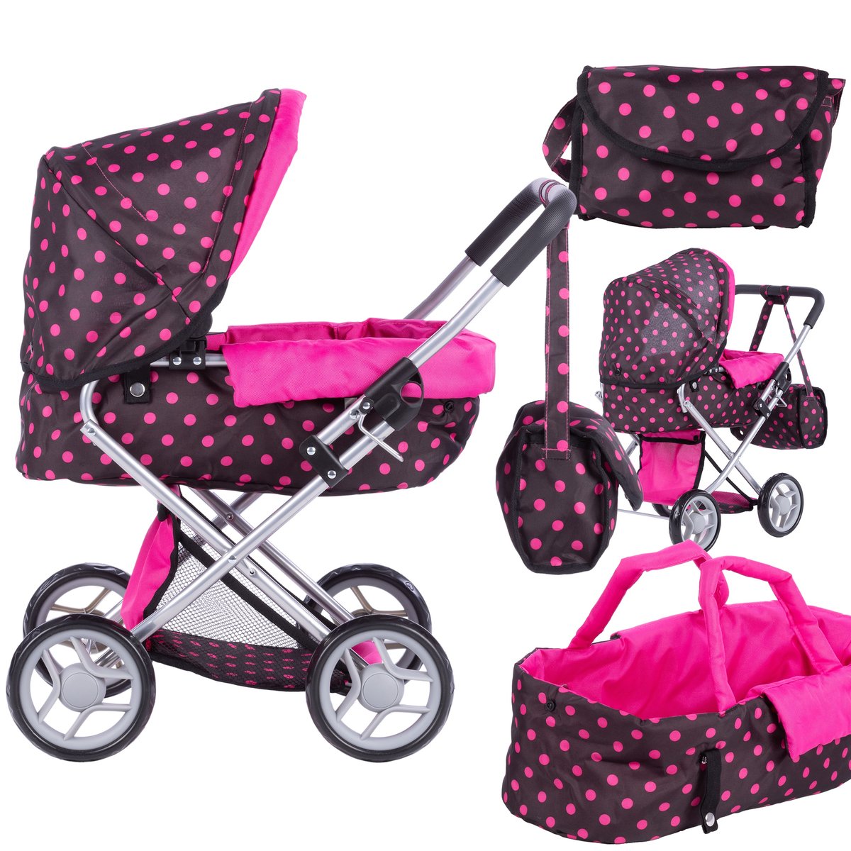 Wózek głęboki ALICE dla lalek - BLACK and PINK DOTS