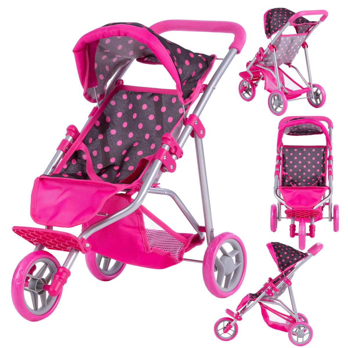 Wózek spacerowy 3-kołowa dla lalek - KATE -  BLACK and PINK DOTS
