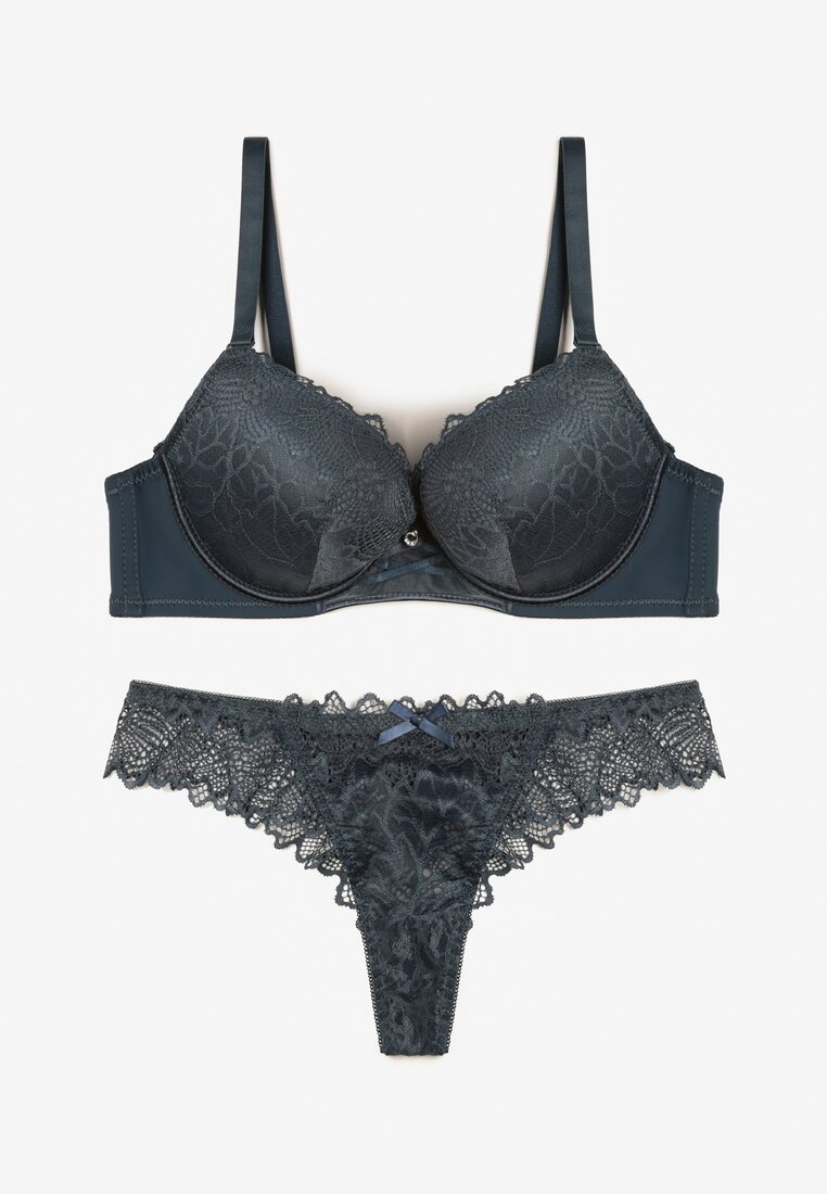 Ciemnozielony Komplet Biustonosz Push Up i Majtki Ozdobione Romantyczną Koronką Zeril